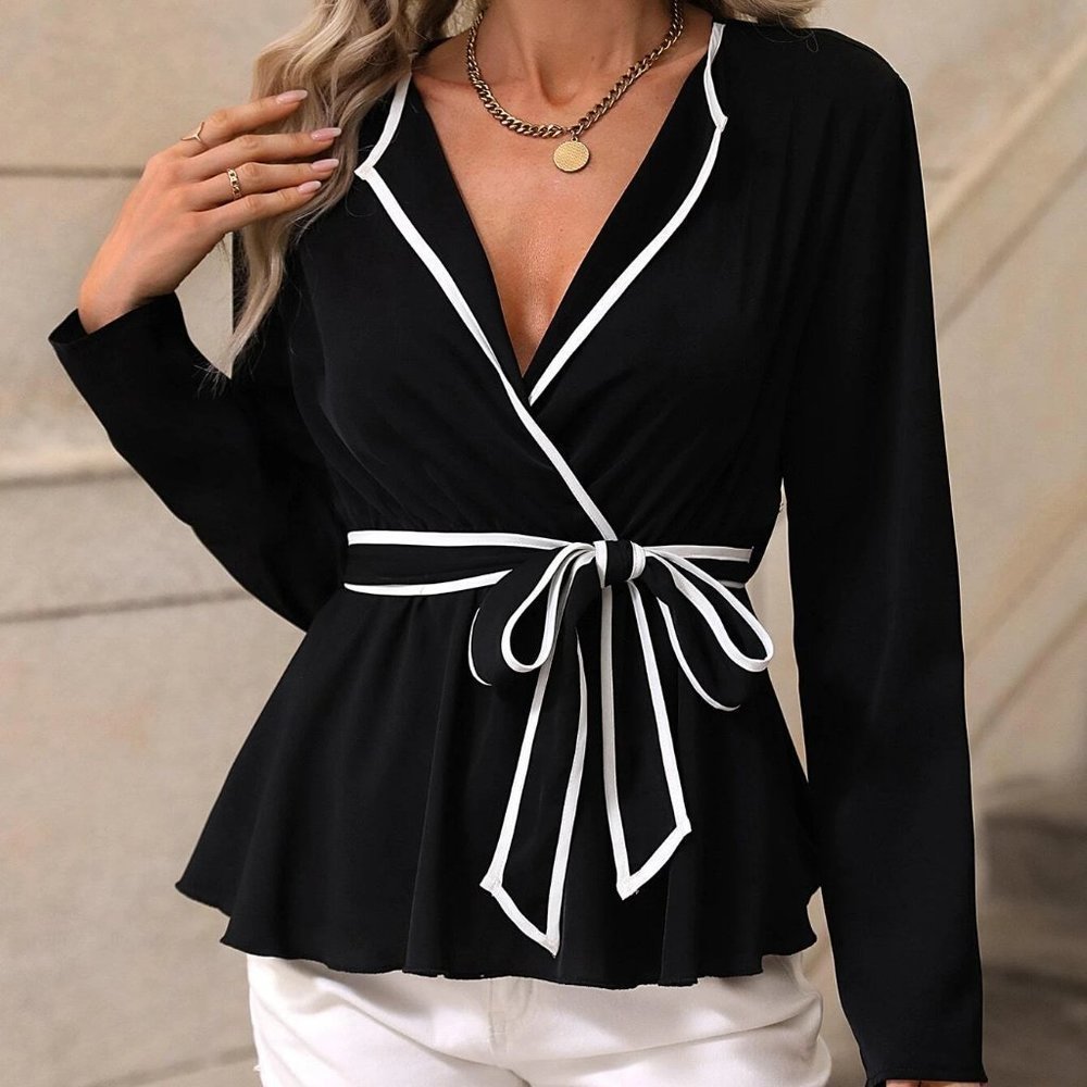 Black Preppy Womens Contrast Binding Belted Blouse - Picture 5 of 5